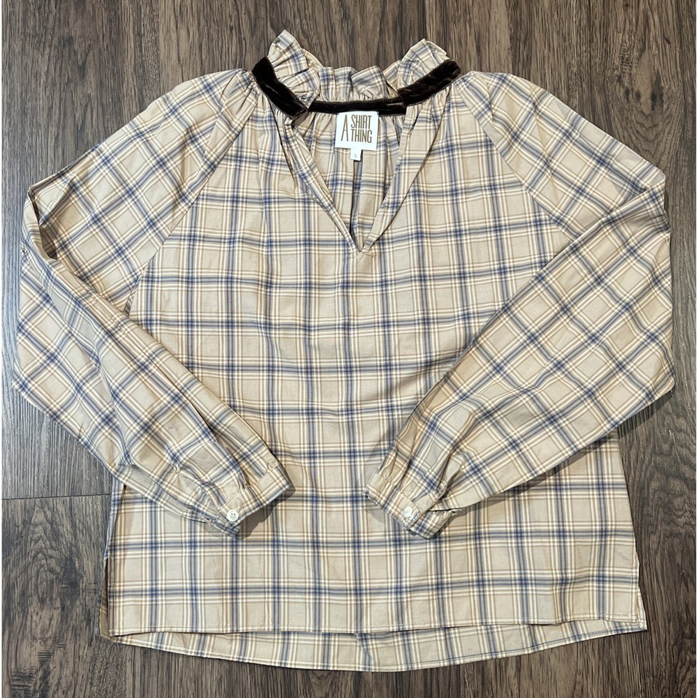 A Shirt Thing plaid top features a ruffled collar with brown velvet trim Size S